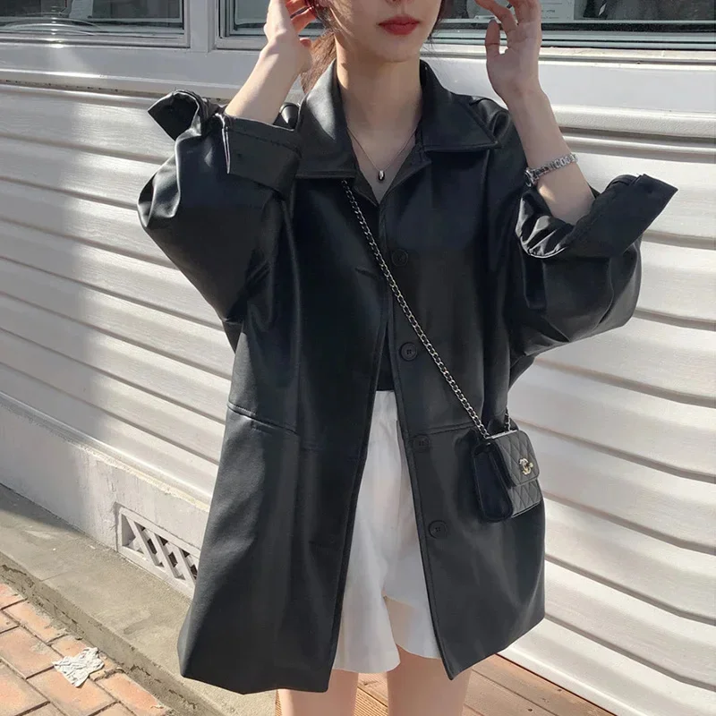 Streetwear Black PU Leather Jackets 2024 New Korean Casual Long Sleeve Turn-down Collar Outerwear Harajuku Punk Coats For Women