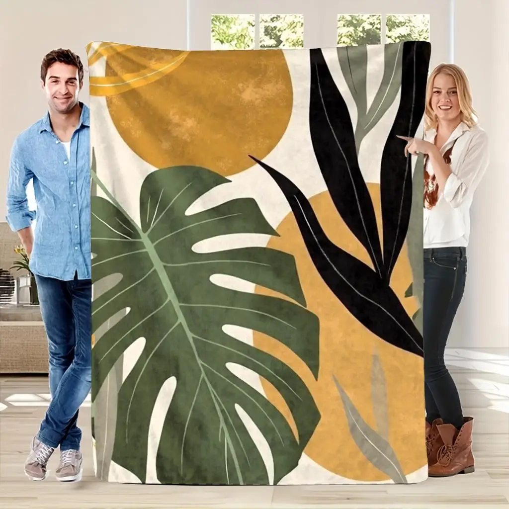 Abstract tropical leaf pattern blanket, polyester fabric, machine washable, suitable for use in bedrooms, living rooms and sofas
