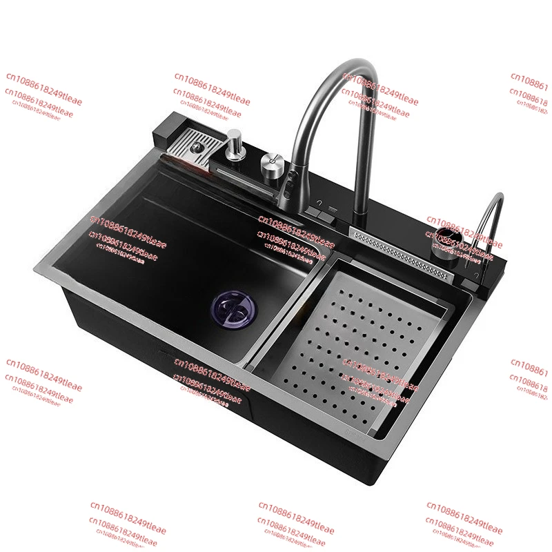 

100x50cm Stainless Steel Waterfall Kitchen Sink With Knife Holder Digital Display Faucet Set Embossed Extra Large Single Slot