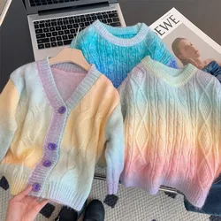 Cute Girls Gradient Rainbow Sweater Autumn Winter Long Sleeve Colorful Knitted Sweater Cardigan 1-8Years Children Loose Knitwear