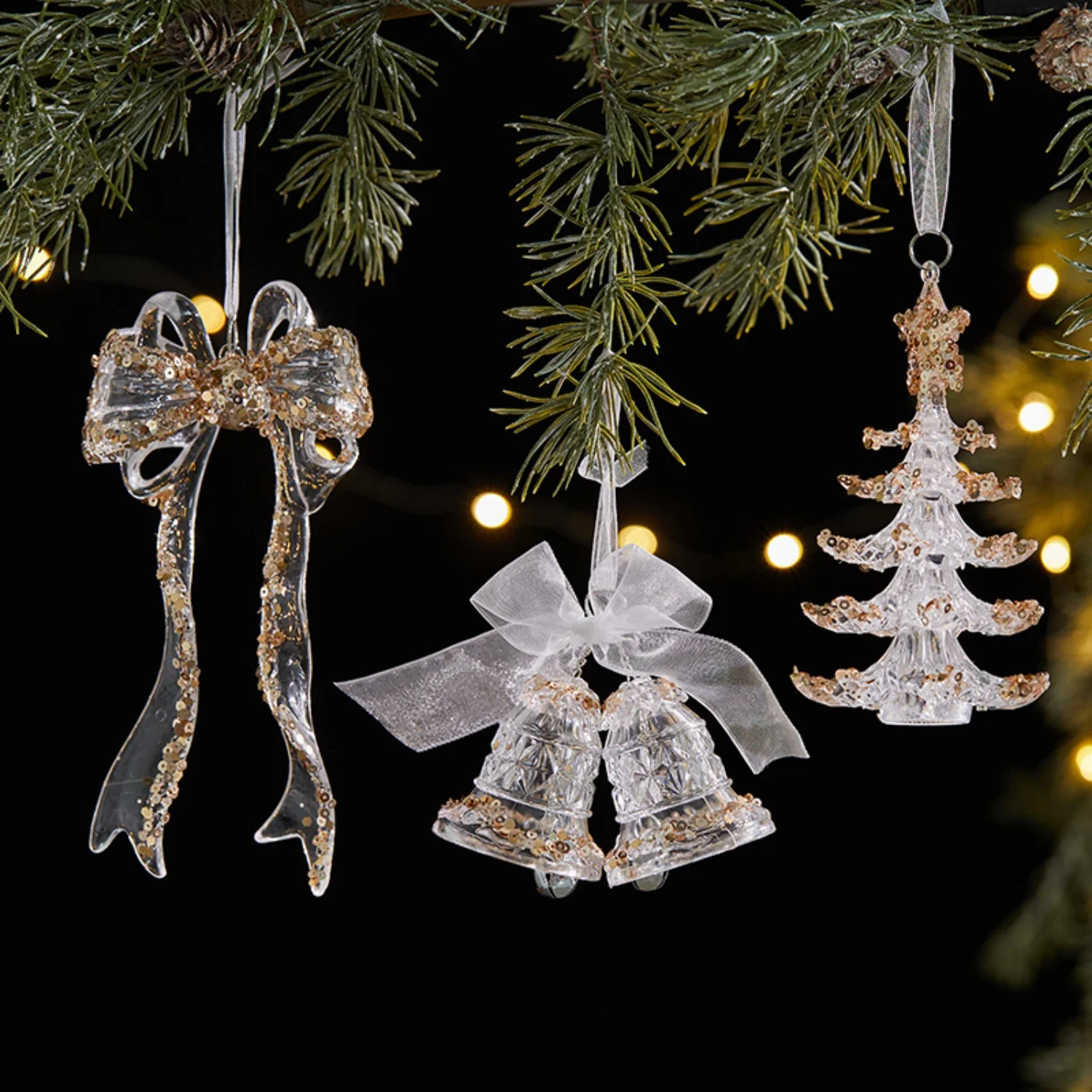 

2025 Christmas Tree Pendant Glitter Transparent Acrylic Tree Bowknot Gift Box Bell Shaped Hanging Xmas Home Party Decorations