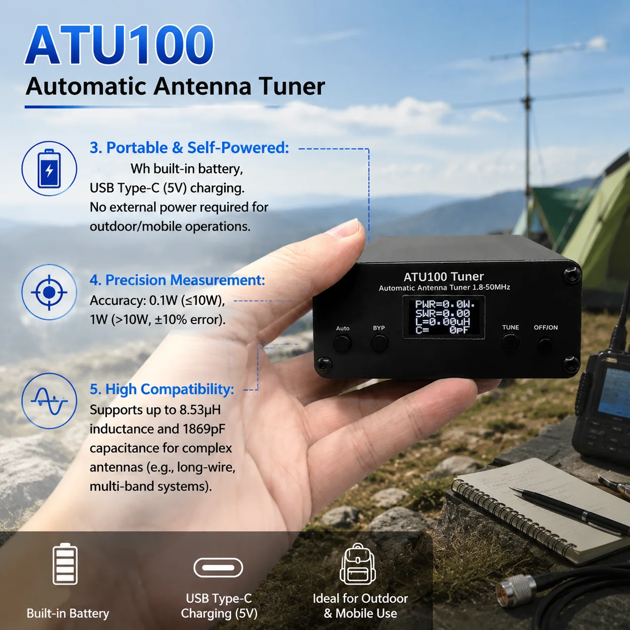 ATU100 Automatic Antenna Tuner 100W HF Auto Antenna Tuner by N7DDC V3.2