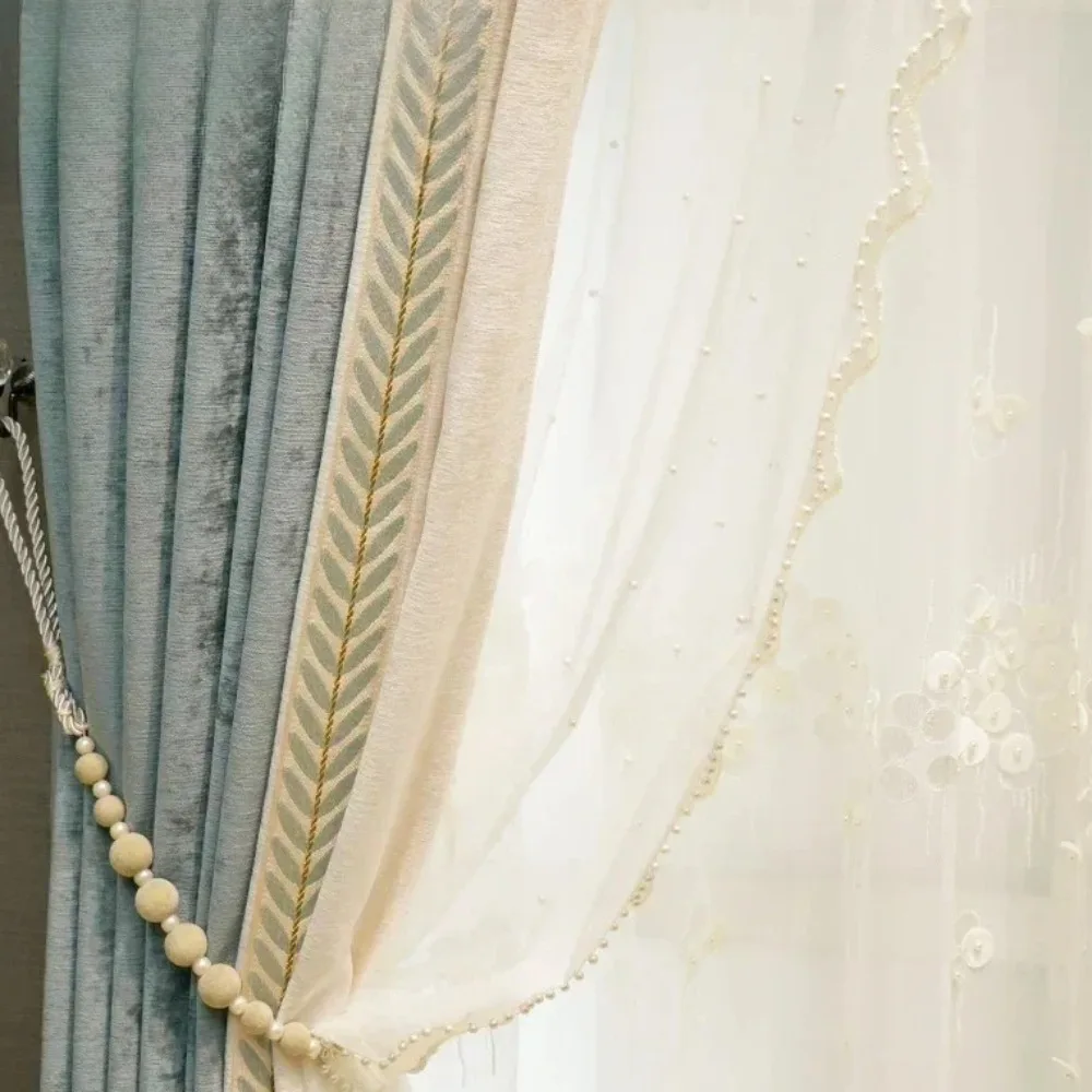 New Light Blue Beige Chenille Thickened Splicing Curtains For Living Room Bedroom Jacquard Window Screen Customization