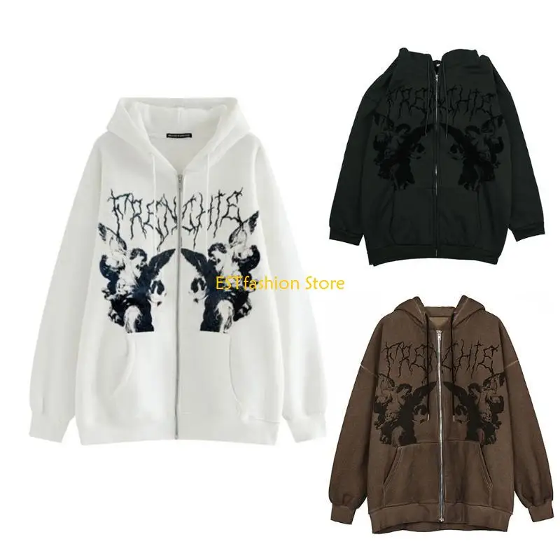 Y5GC Women Long Sleeve Hoodies for Jacket Goth Punk Angel Print Oversized Sweatshirt