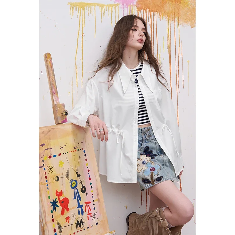 ELFSACK White Minimalist Shirt with Drawstring Waist, Chic Drapey Blouse for Commute, Casual Long Sleeve Top