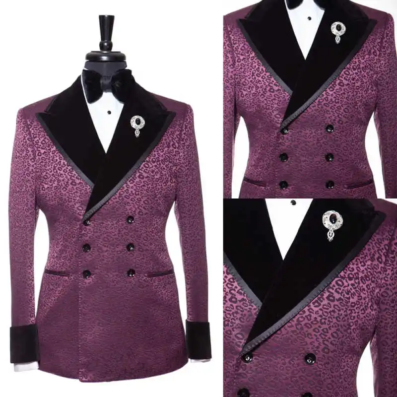 Trendy Leopard Print Men's Two-Piece Suit Double-Breasted Peak Lapel Velvet Collar Formal Set for Luxury Occasions Customized