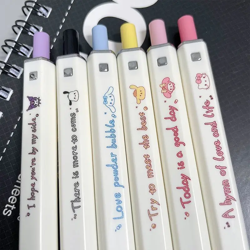 6Pcs Kawaii Hello Kitty Writing Pen Cute Sanrio Kuromi Cinnamoroll Good-looking Press Square Shape Gel Pen Simple Student Gift