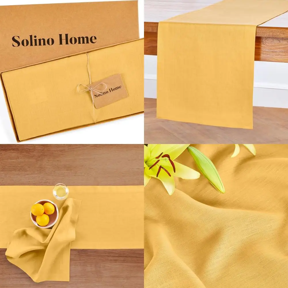 

Скатерть из чистого льна, горчично-желтого цвета, 14x120 дюймов, идеально подходит для торжеств на День Благодарения