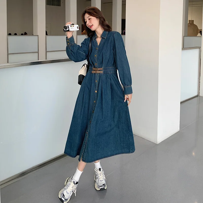 فستان نسائي فرنسي ريترو أزرق من قماش الدنيم بصدر واحد صغير على شكل حرف v على شكل حرف a فساتين تنحيف الخصر على الموضة لربيع الخريف