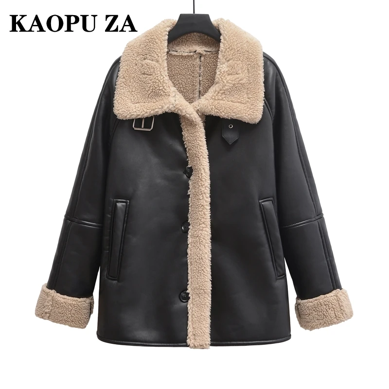 KAOPU ZA Autumn Woman Casual Turn-down Collar Faux Leather Coat Outerwear Commuting Winter Lady Long Sleeve Keep warm Jacket