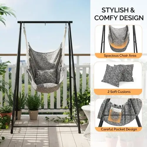 Stylish Hammock Chair with Stand for Indoor & Outdoor Use, Boho Style Hammock Perfect for Patio, Balcony, Garden and