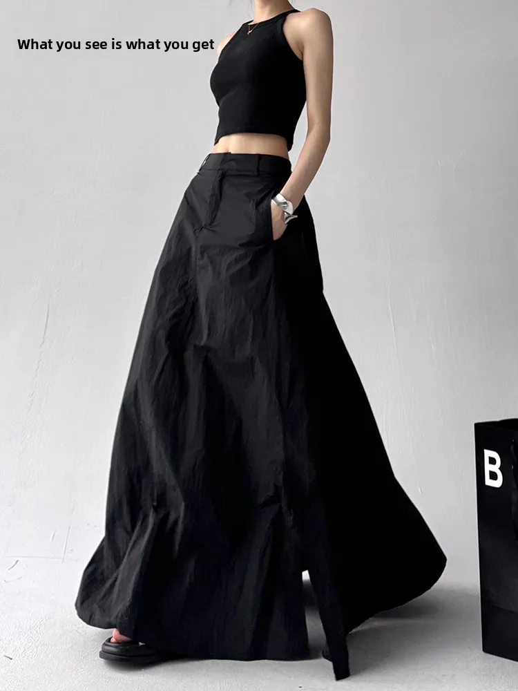 

High Waist A-Line Skirt Women's Utili Sle Summer New Vintage Side Pleated Long Skirts Faionable Casual Dres