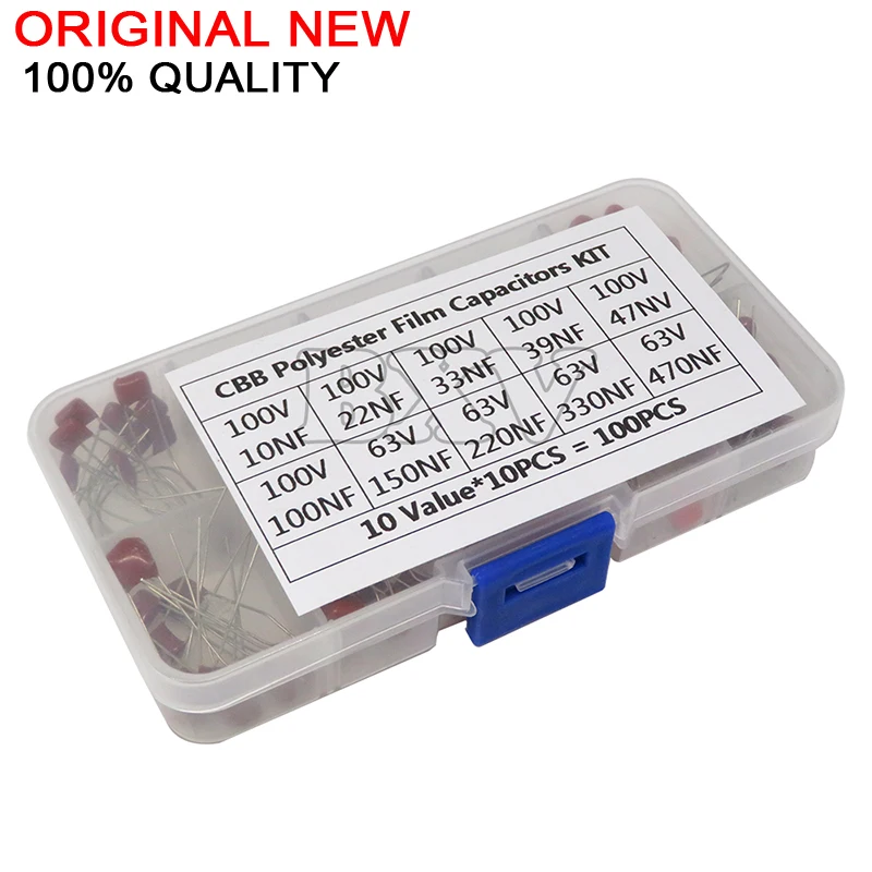 

100PCS/LOT 10nF~470nF Metallized Polyester Film Capacitors Assortment Kit High Precision And Stability Samples CBB Capacitor Set