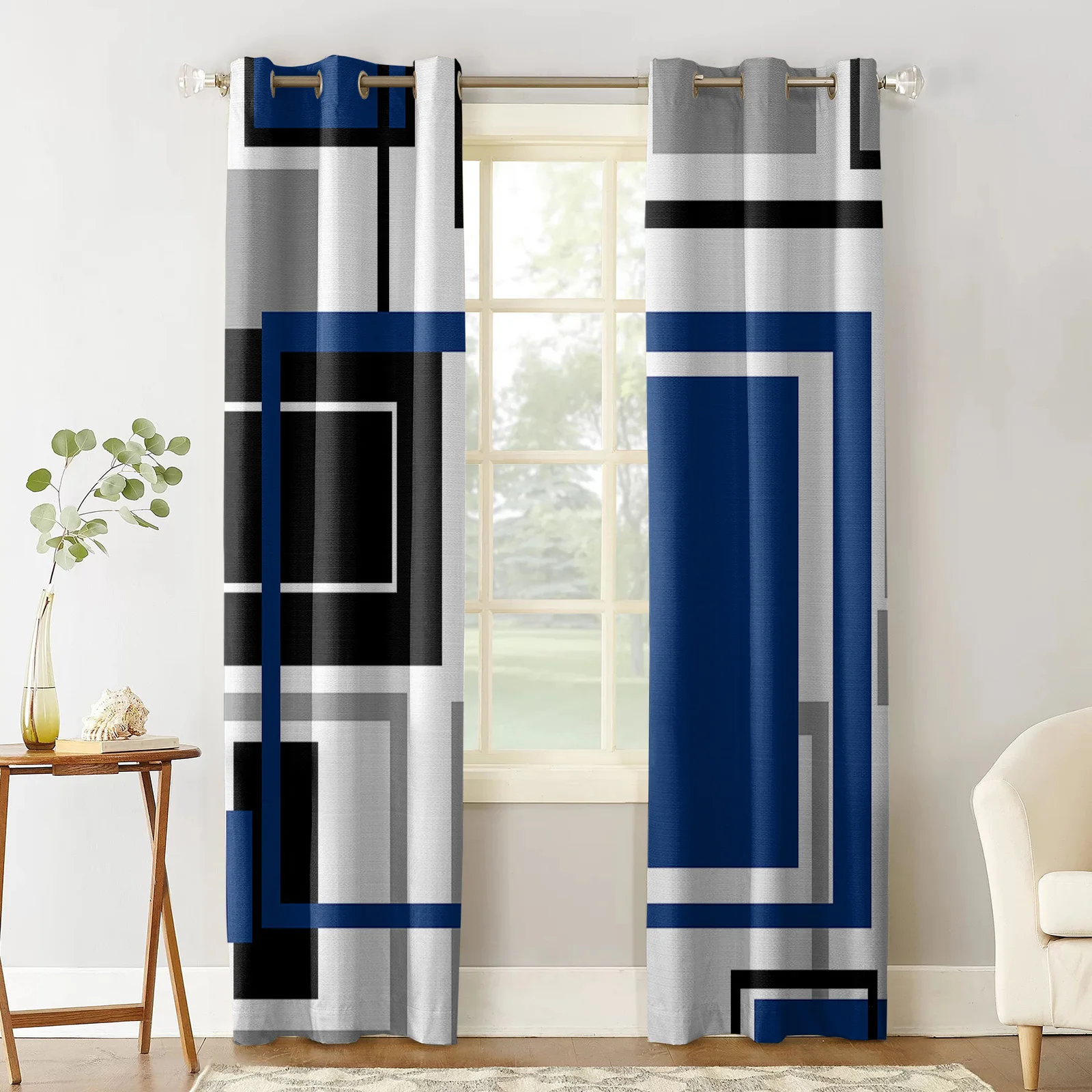 Abstract Squares Modern Art Blue Bedroom Curtains Modern Living Room Kitchen Drapes Home Kids Room Decor Window Curtains