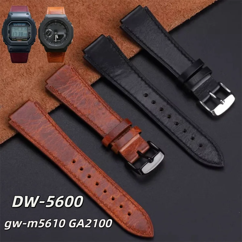 Correa de reloj vintage de 16mm para Casio DW5600 DW-5600 GW-M5610 GW-B5600 GA2100/2110 GM-2100, correa de cuero retro modificada para hombre