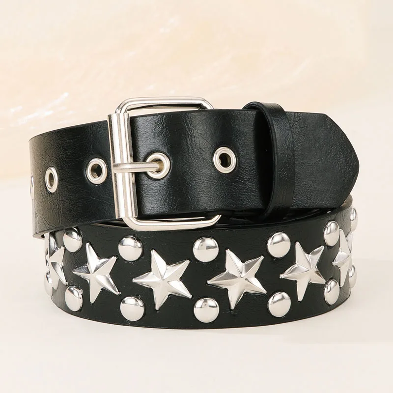 1pc Ladies' Black Cool & Grunge Style Studded Punk Star Belt, Y2k Dark Pentagram Leather Belt For Jeans/Skirts Dressing Accessor