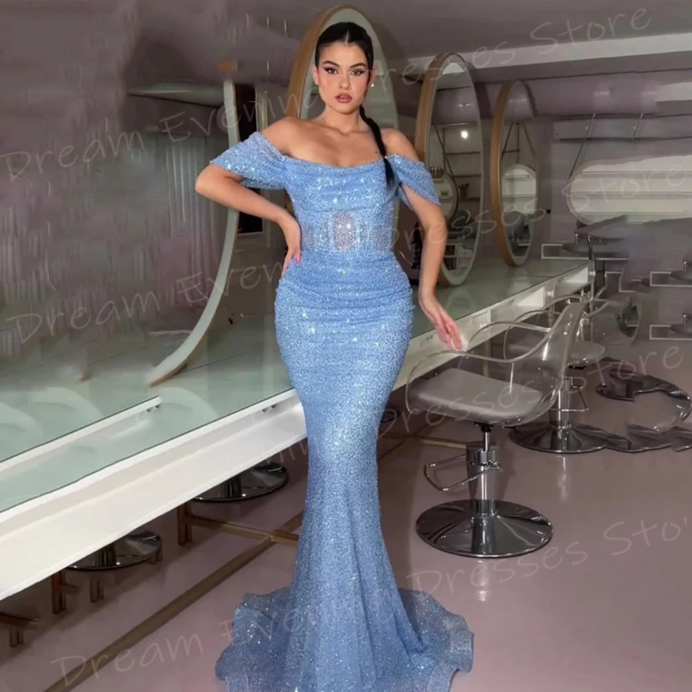 Charming Sky Blue Mermaid Klasyczne damskie suknie wieczorowe Sexy Off The Shoulder Prom Gowns Sleeveless Sequined فساتين 의لاتerad molt11)