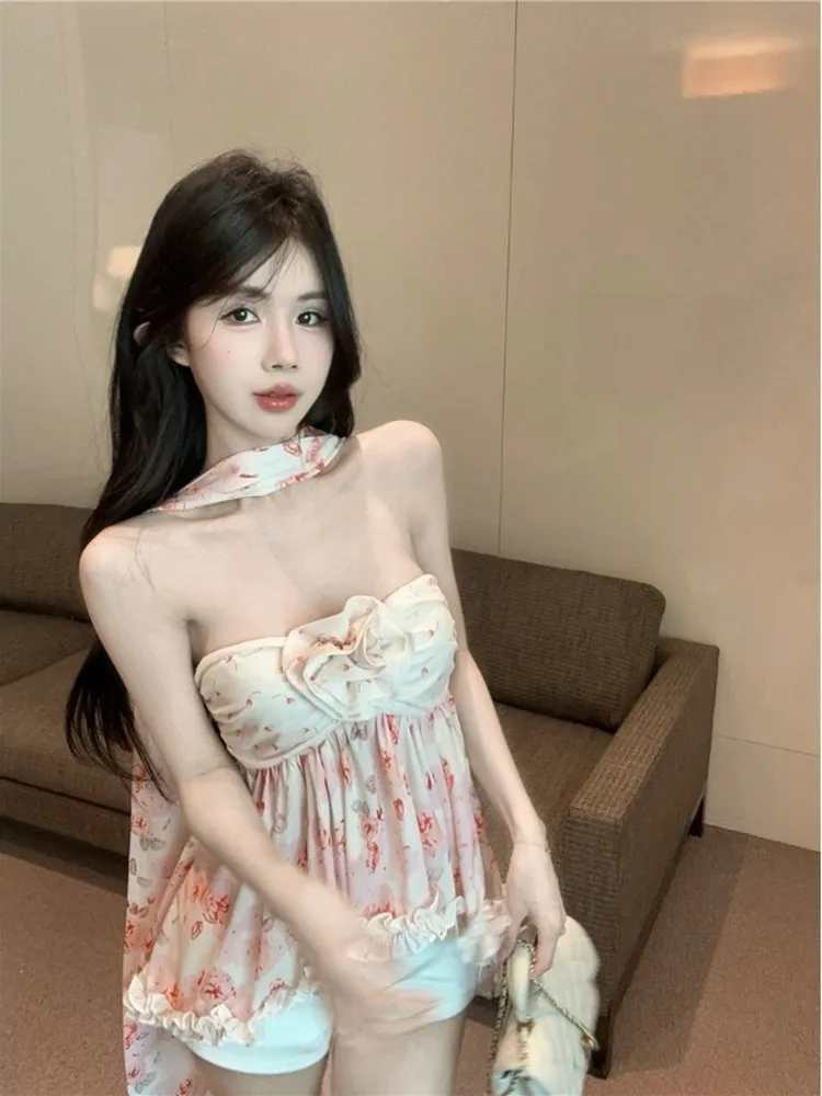 Nieregularne seksowne topy letnie koszule bluzki bez rękawów damskie kwiaty głęboki dekolt słodki kwiatowy nadruk z falbankami top z odkrytymi plecami