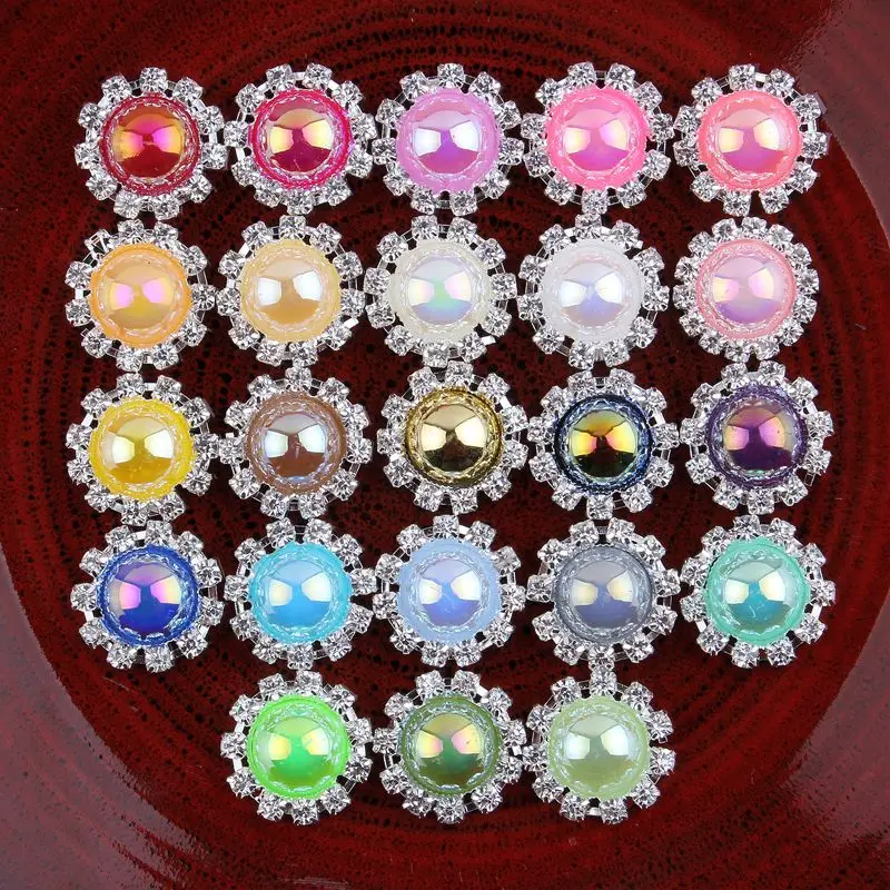 120pcs/lot 20mm 23 AB colors Metal Rhinestone Buttons Wedding Ornaments Alloy Round Flatback Pearl Buttons for Hair Accessories