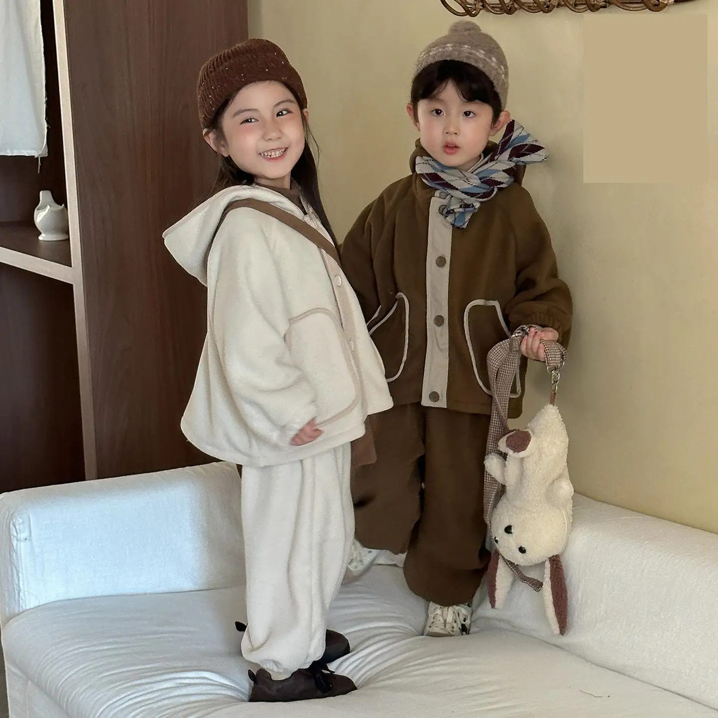 2025 Winter New Children Plus Velvet Thick Clothes Set Boys Girls Fleece Hooded Coat + Casual Pants 2pcs Suit Kids Warm Outfits