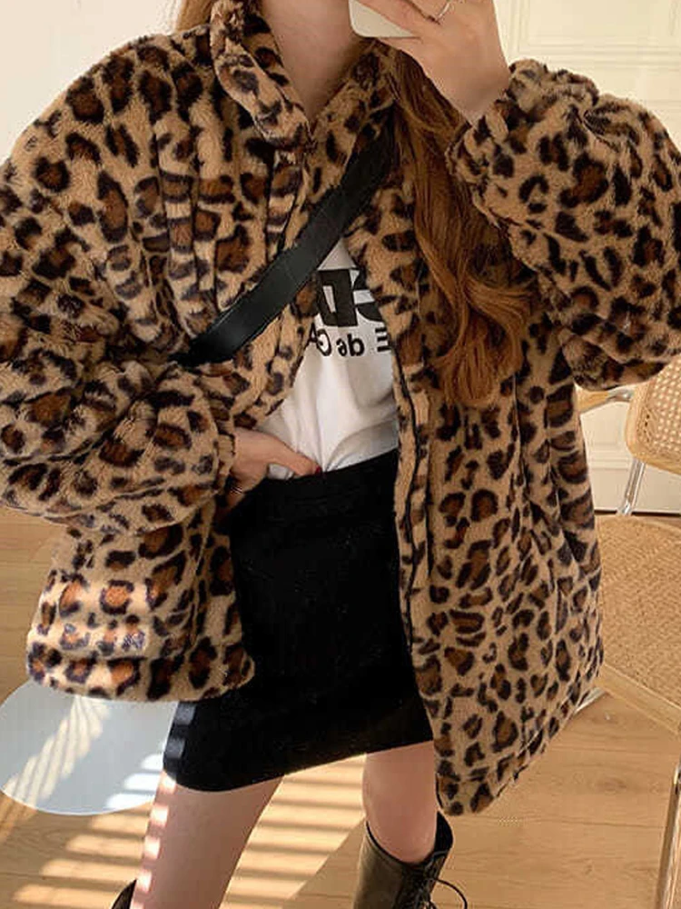 

Oversized Leopard Jacket Women Winter Warm Plush Coats Female Casual Fluffy Fur Jackets Ladies Loose Faux Mink Zipper Outerwear