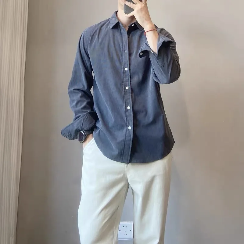 Autumn Winter Solid Color Lapel Shirt Men's Shirt Long Sleeved Loose Casual Shirt Versatile Social Street Shirts Men's Clothing