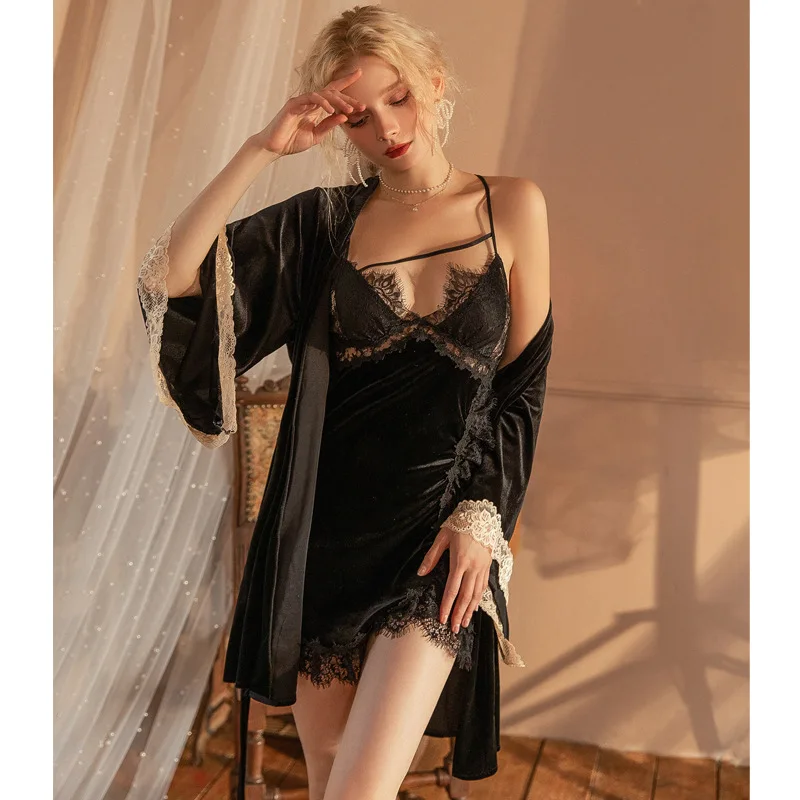 Velvet Women Kimono Bathrobe Gown Sexy Patchwork Lace Nighty&Robe Set Sleepwear Autumn Winter Velour Homewear Loose Lounge Wear