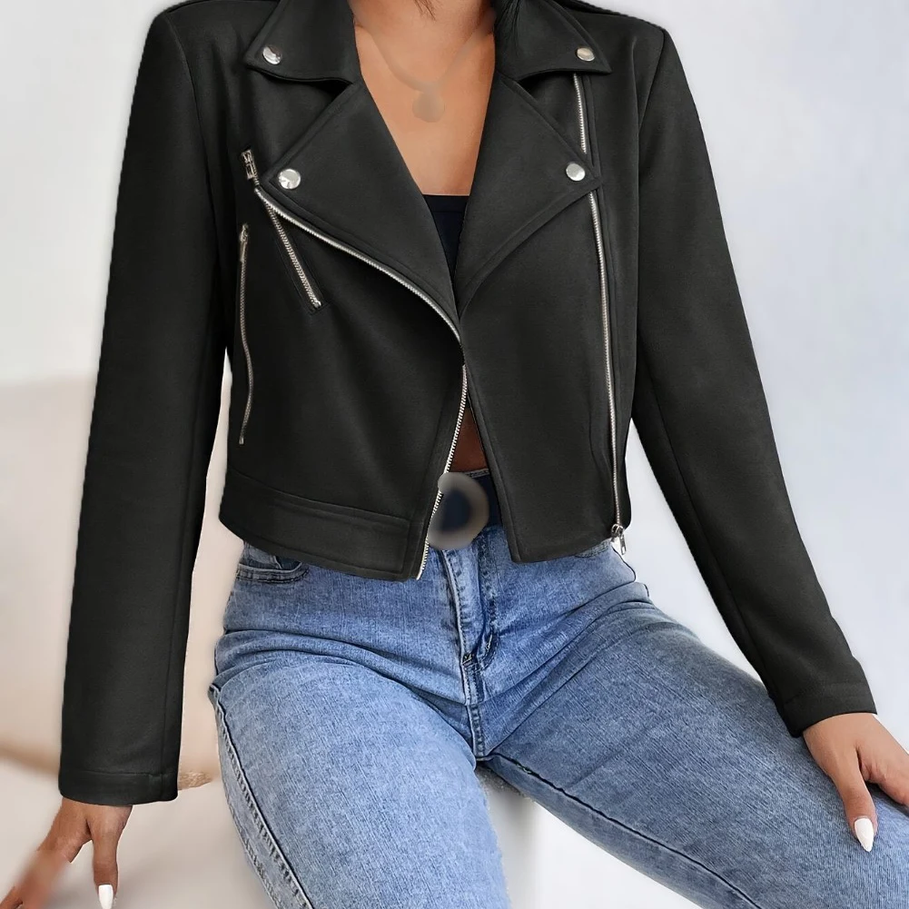 Short Leather Jacket for Women with Diagonal Zipper Metal Buttons High Waist Regular Length Autumn Winter Wear