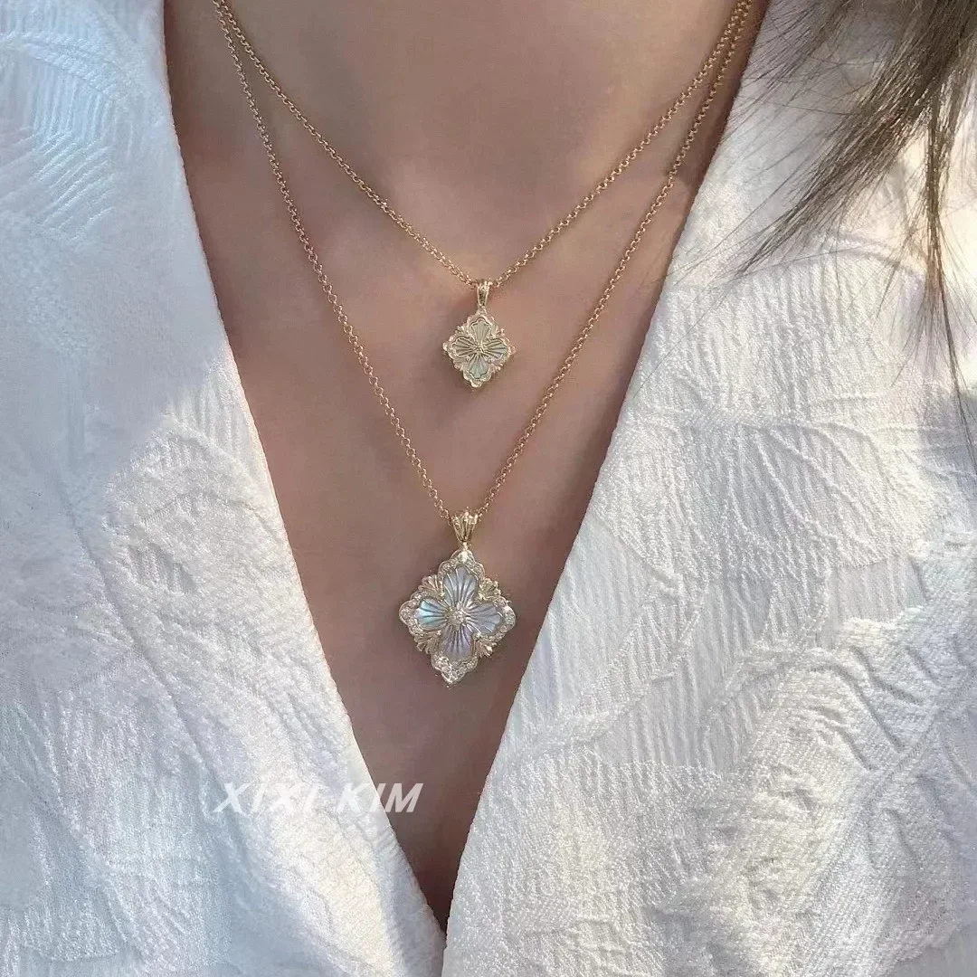 

Italian brushed four-leaf necklace, women's 18k gold large sterling silver retro court Tianhe stone white fritillary versatile