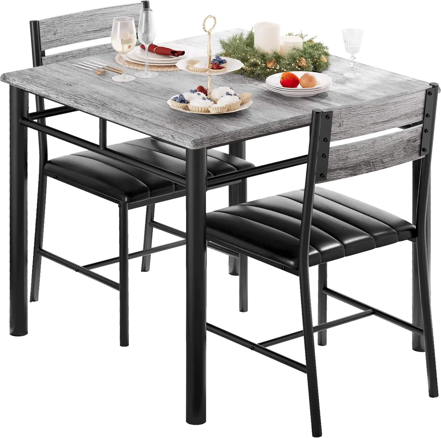 Dining Table Set for 2, Small Kitchen Table with Upholstered Chairs Dinning Table Set for Kitchen & Dining Room, Gray