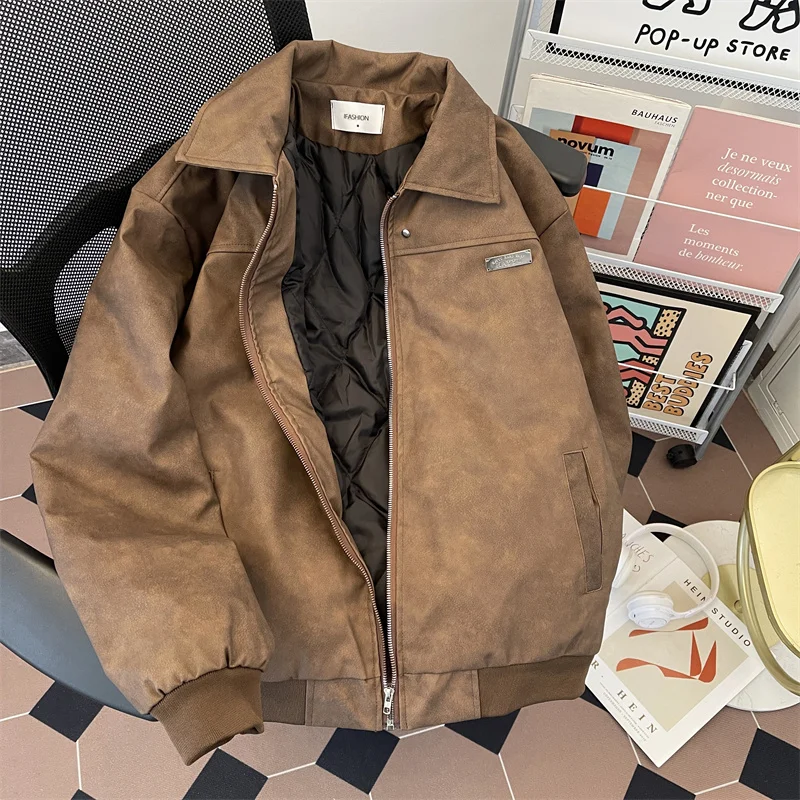 

Men's Dyed Leather Jaet Thiened Cotton Sandwich Retro Sle Warmth Winter Coat Vintage American Sle Couple's Jaet