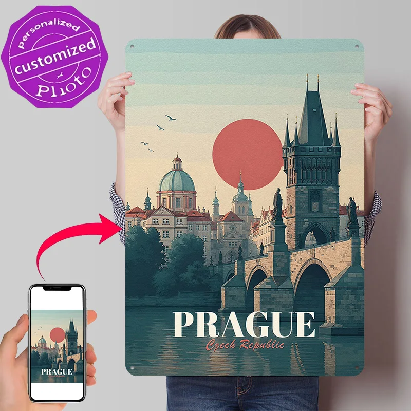 Prague Travel 3D Texture Metal Poster Customized Wall Art Tin Sign Gift for Mancave Gaming Room Decoration Man Funny Signs Decor