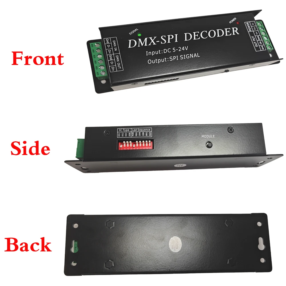 DMX-SPI Decoder DMX512 LED Controller support 10 kinds pixel IC For 2811 2812 2801 DC 5V-24V LED Strip Light By The Dip Switch