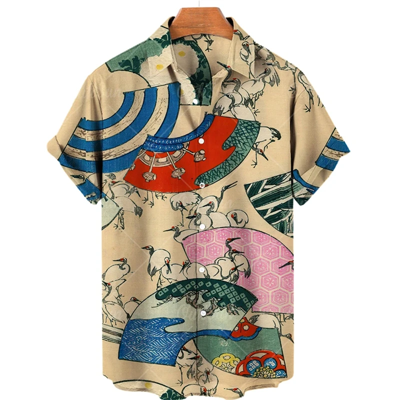 Camisa de praia de manga curta masculina e feminina, camisa havaiana de verão estampa de guindaste animal, streetwear hip hop, blusa de lapela, Y2K To