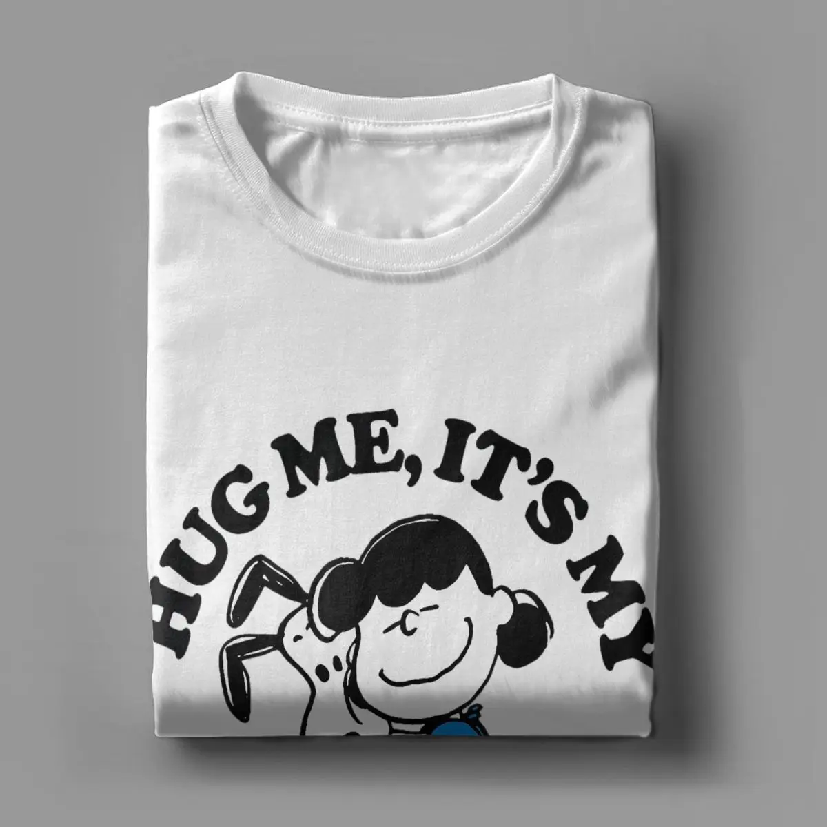 Creative Official Peanuts Snoopy Lucy Birthday Hug T-Shirt for Men O Neck Pure Cotton T Shirt Short Sleeve Tees Adult Tops