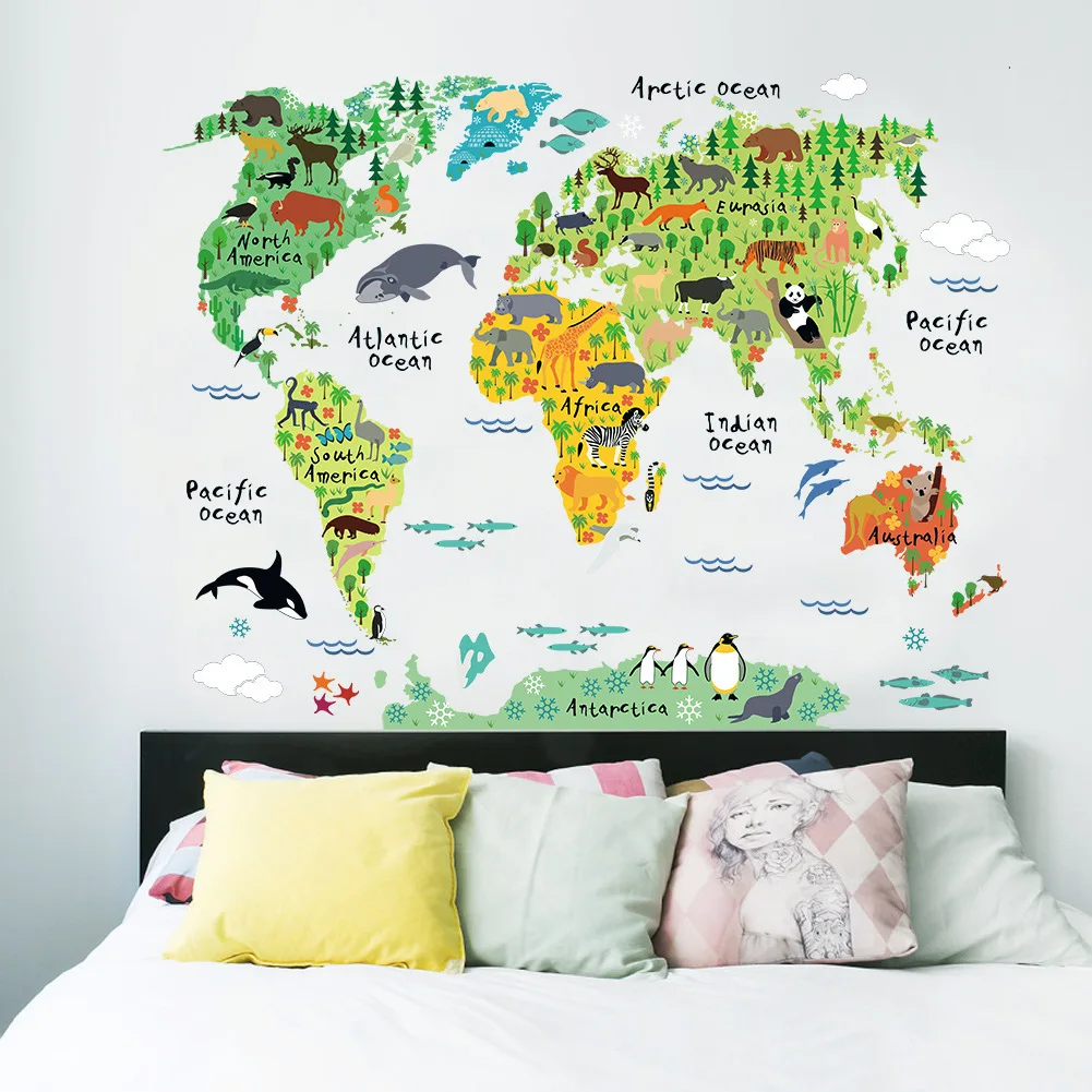 

Animals World Map Wall Stickers for Children Bedroom, Removable Wall Decor Sticker for Kindergarten Classroom, DIY, 1Pc