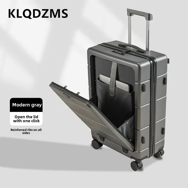 KLQDZMS Laptop Suitcase Front Opening Boarding Case USB Charging Trolley Case 20"24"26 Inch ABS+PC Carry on Travel Luggage