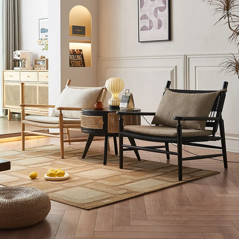 Japanese-style solid wood rattan round coffee table combination black simple modern living room household small