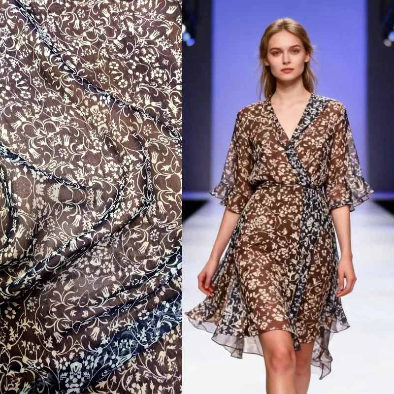 

Luxury 100% Mulberry Silk Georgette Fabric Sewing Materials Pleat Black Floral Cloth Real Silk 8mm Designer Summer Vintage Dress