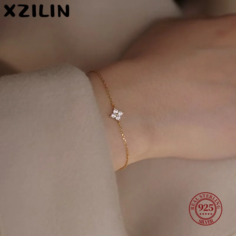 

XZiLin S925 Sterling Silver Plated 18k Gold Bracelet Korean Design Temperament Zircon Flower Bracelet for Women Jewelry Gift