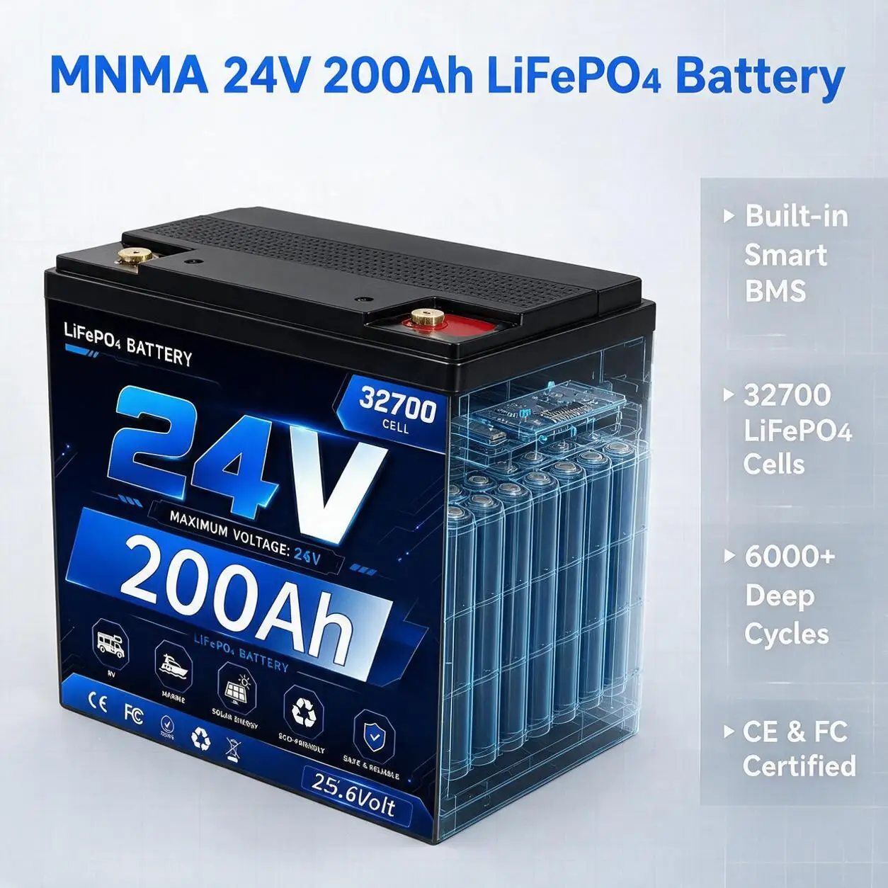 24V 150Ah 180Ah 200Ah LiFePO4 Battery Built-in 100A BMS 6000+ Circulating Power for RVs, Ships, Solar Energy Storage, Inverters