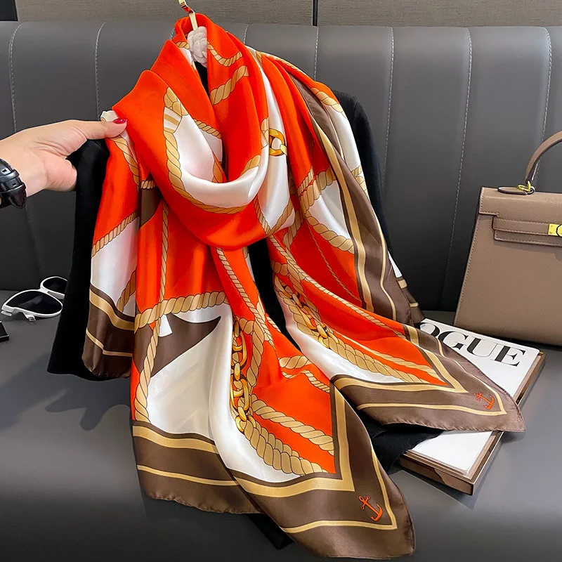 

Satin Finish Luxury Brand Scarves The Four Seasons Popular Print Hijab Women 180X90CM Lrage Shawl Fashion Design Warm Silk Scarf