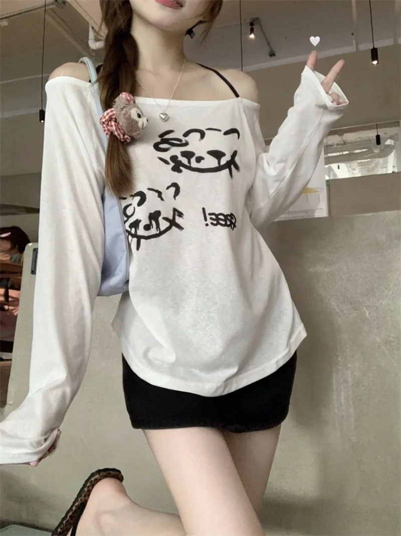 

Ленивые летние женские футболки Y2k, белые футболки с длинными рукавами и милым мультяшным кавайным принтом, повседневные свободные футболки с вырезом на шее