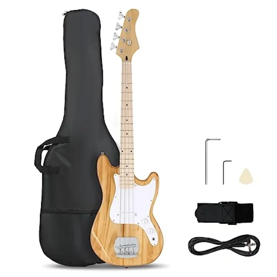 

Beginner electric bass guitar kit for practice and performance: natural wood finish, 42.5-inch body, single-coil pickup, fixed
