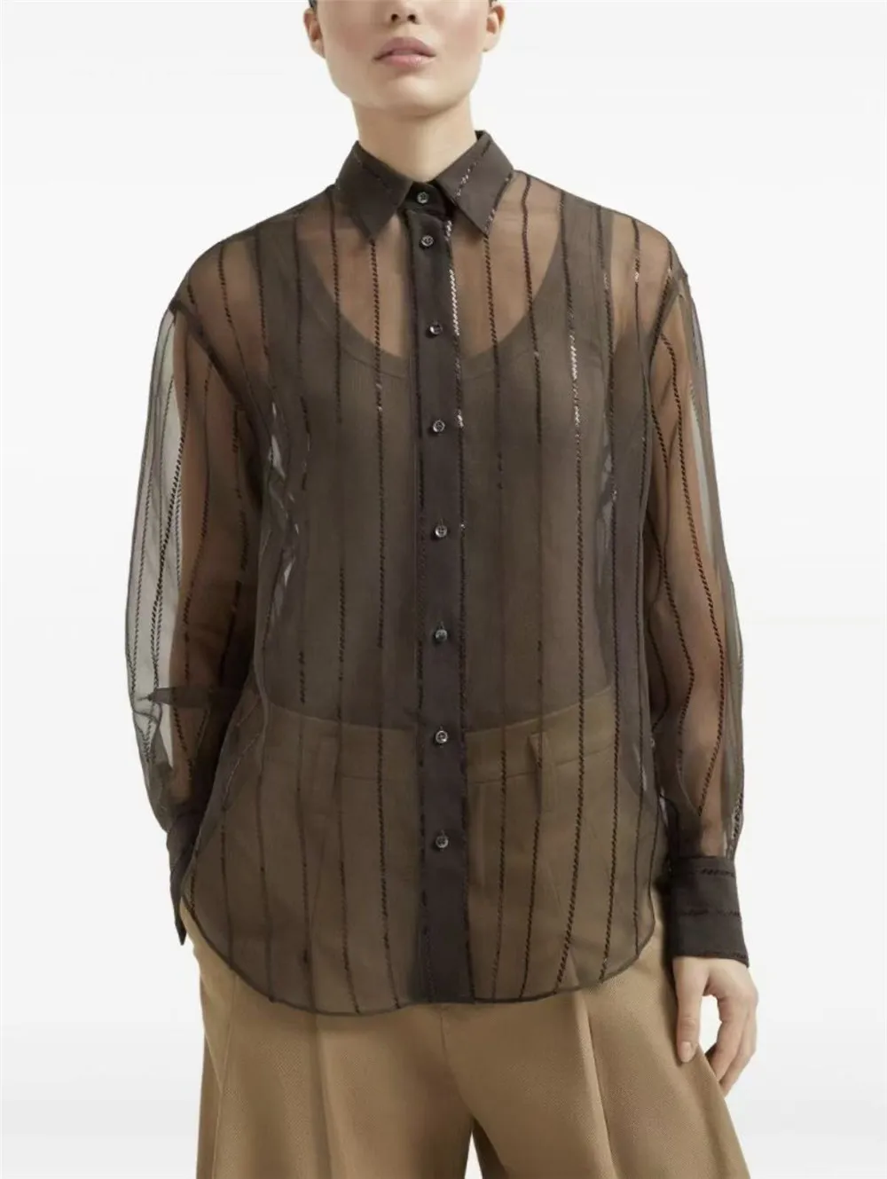 

Exquisite Sequins Silk Shirt Women Loose Long Sleeve Tops Blouse With Suspenders