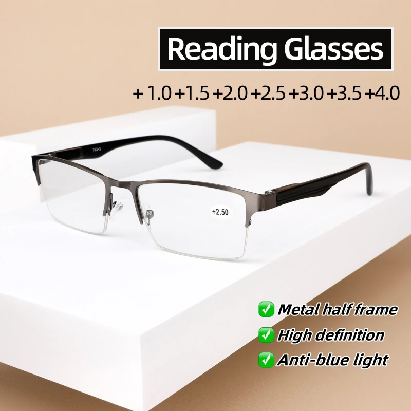 Men Half Frame Reading Glasses Ultralight Square Elderly Glasses Unisex Vintage Metal Presbyopia Eyewear Prescription Eyeglasses