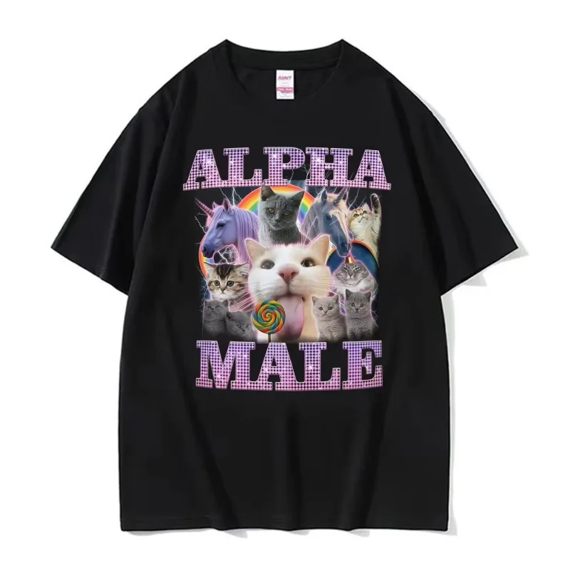 Camiseta divertida con diseño de gato, unicornio y arcoíris Alpha Male para hombre y mujer, camiseta de manga corta, estilo Kawaii, linda, de algodón, holgada y extragrande.