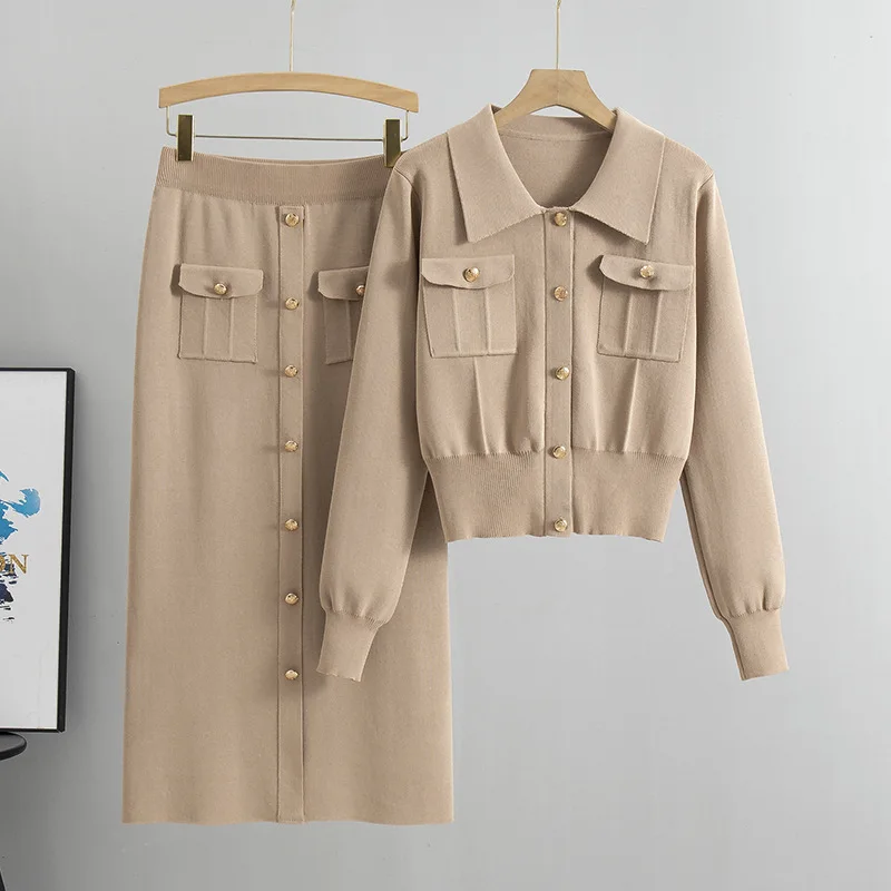 

2025 Fashion Office Lady Suits Women O Neck Single Breasted Short Tops+Elastic Slim Wrapped Hip Skirt Knit Two Pieces Sets Wh9
