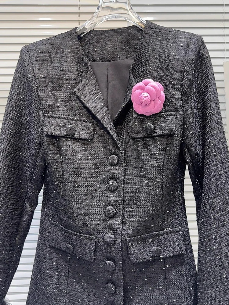 TWOTWINSTYLE Elegant Spliced Brooch Coats For Women Lapel Long Sleeve Patchwork Single Breasted Temperament Coat Female Fashion