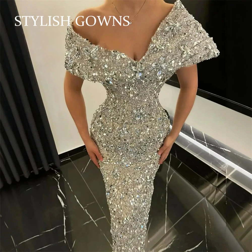 Saudi Arabic Sparkly Bead Diamonds Evening Dress Gems Crystals Glitter Prom Gown Birthday Party Dress Vestidos De فستان وردي